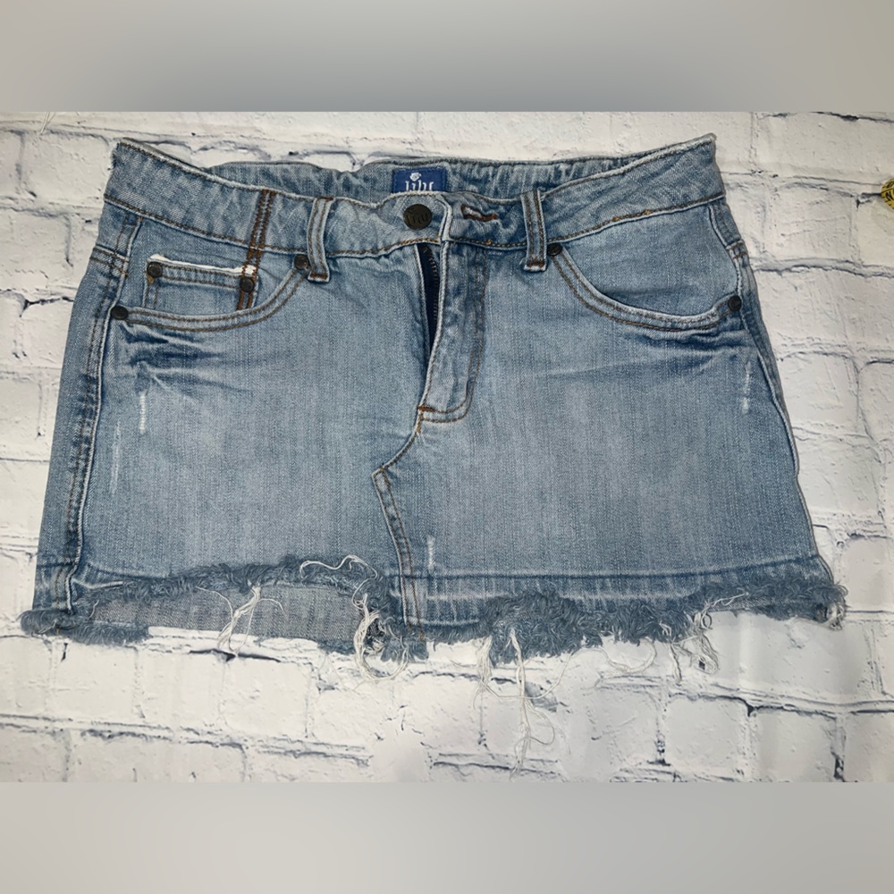 Lilu Blue Jean Skirt Distressed Frayed Hem